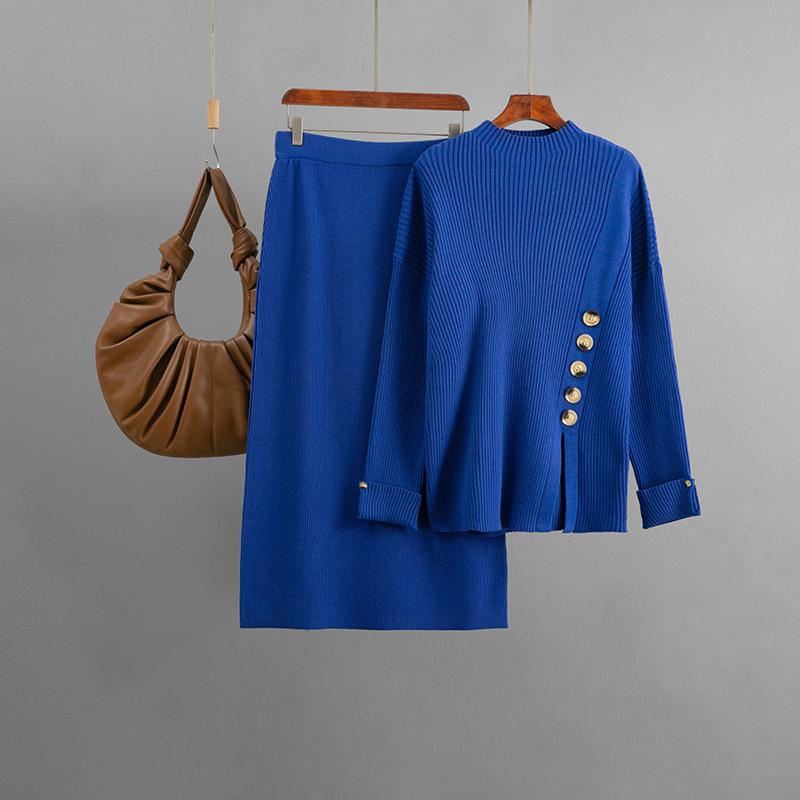 

Модный костюм-двойка для женской осени и зимы, включающий свитера с разрезами по бокам, украшенные пуговицами, и юбки. one size синий