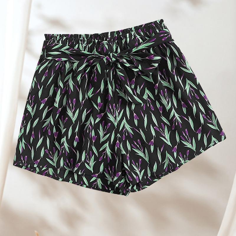 Summer Fashion Casual Wide Leg Shorts Women with Belt Vintage Printed Holiday Beach Shorts Woman High Waist Simple Office Lady Short Pants 24328