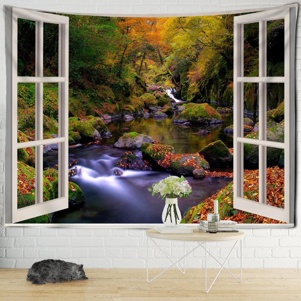 Sonnenuntergang am Meer Fenster Landschaft Malerei Wandteppich Hängen Boho Hippie Kunst Tapiz Ästhetik Room Decor