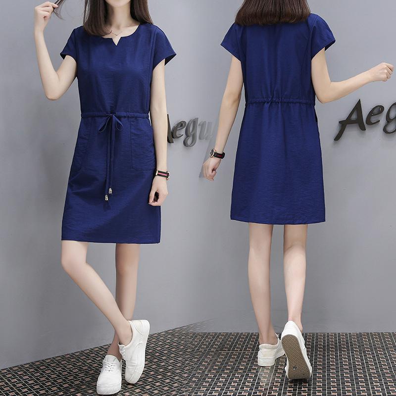 

Women Short Sleeve Loose V Collar Lacing Dress for Summer Wear S темно-синього кольору