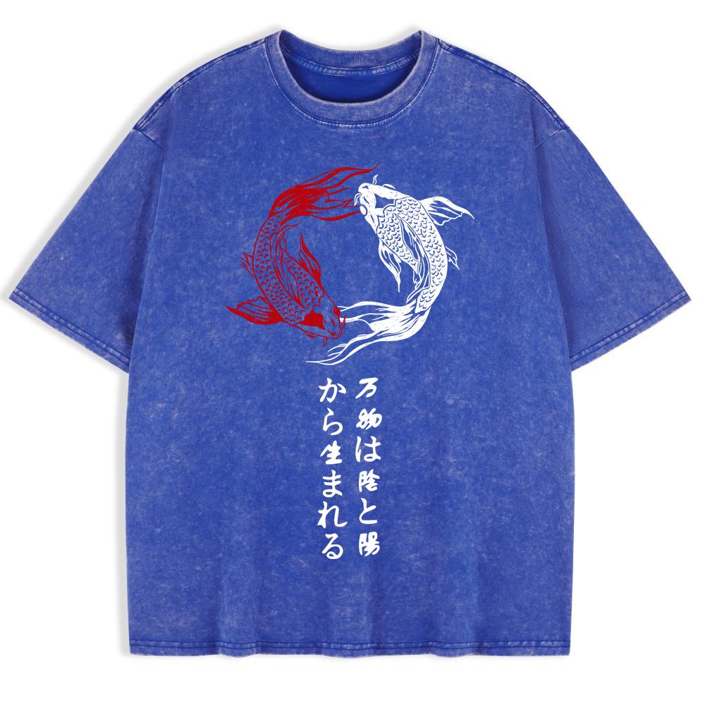 Japanese Koi Harajuku Printing Washed T-Shirts Mens Cotton Oversized T Shirt Summer Short Sleeve Tops O-Neck Clothes
