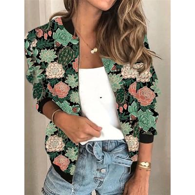 Damen Jacke im Vintage-Stil mit Blumendruck und Baseballkragen - Langärmlig, mit Reißverschluss, leichtes Polyester, Schwarz mit bunten Blumen,
