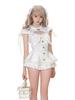 XHSUKADO Stage Costume Top and with Short and Korean Low Size L Women's 3-Piece Set, Bottoms, Ribbon, Sleeves, Lace, Ruffles, Style, Neck, Sexy, Cute,