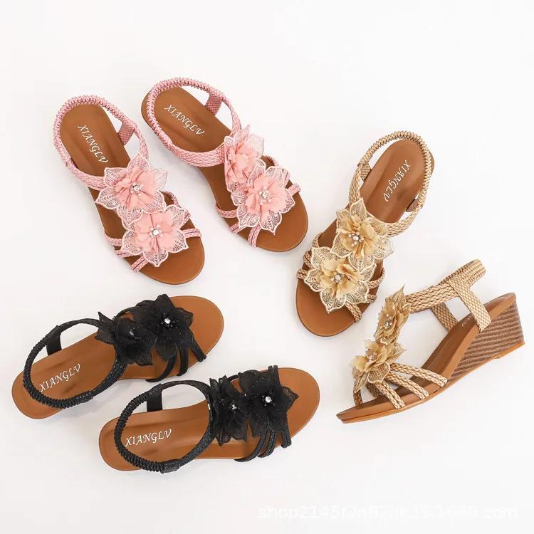 Women's Shoes 2026 Fashion Summer Retro Flower Sandals Large Size Women's Shoes Beach Shoes
