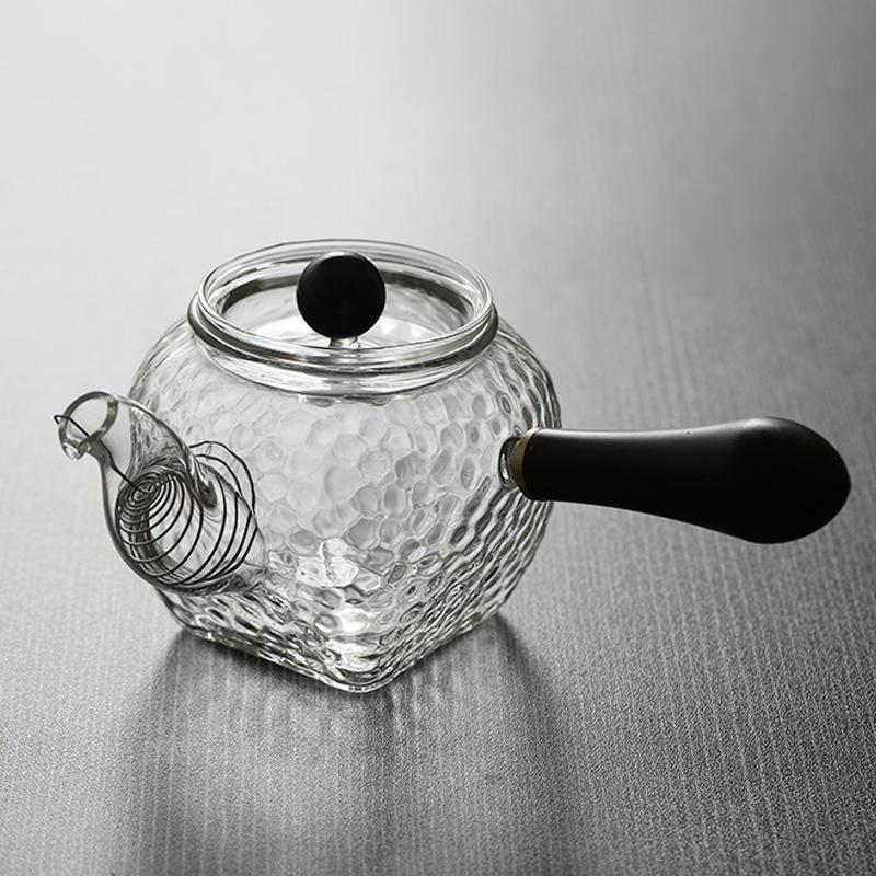 Japanese Style Heat Resistant Hammer Pattern Square Bottom Glass Teapot Side Handle Wooden Kungfu Tea Set Tea Pot With Filter