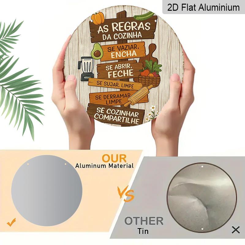 2D Flat, 1pc Vintage Round Metal Aluminum Sign, Portuguese "As Regras Da Cozinha" - 7.87x7.87 Inches Funny Kitchen Rules Design, Retro Rustic Wall