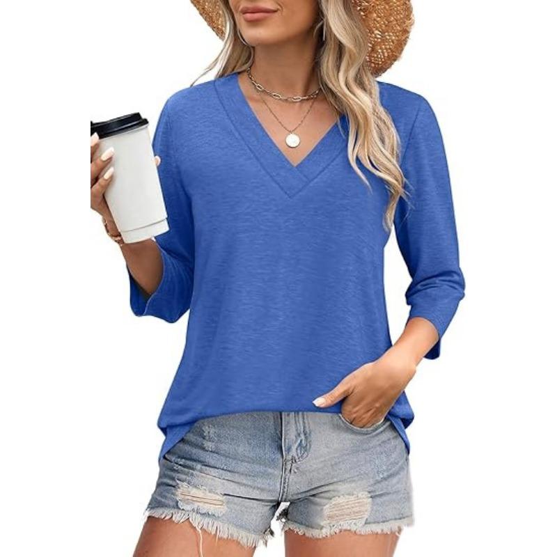 Damen V-Ausschnitt 7-Zoll Ärmel Oberteil für Frühling Lässige Damenbekleidung Taillenknoten Strick-T-Shirt
