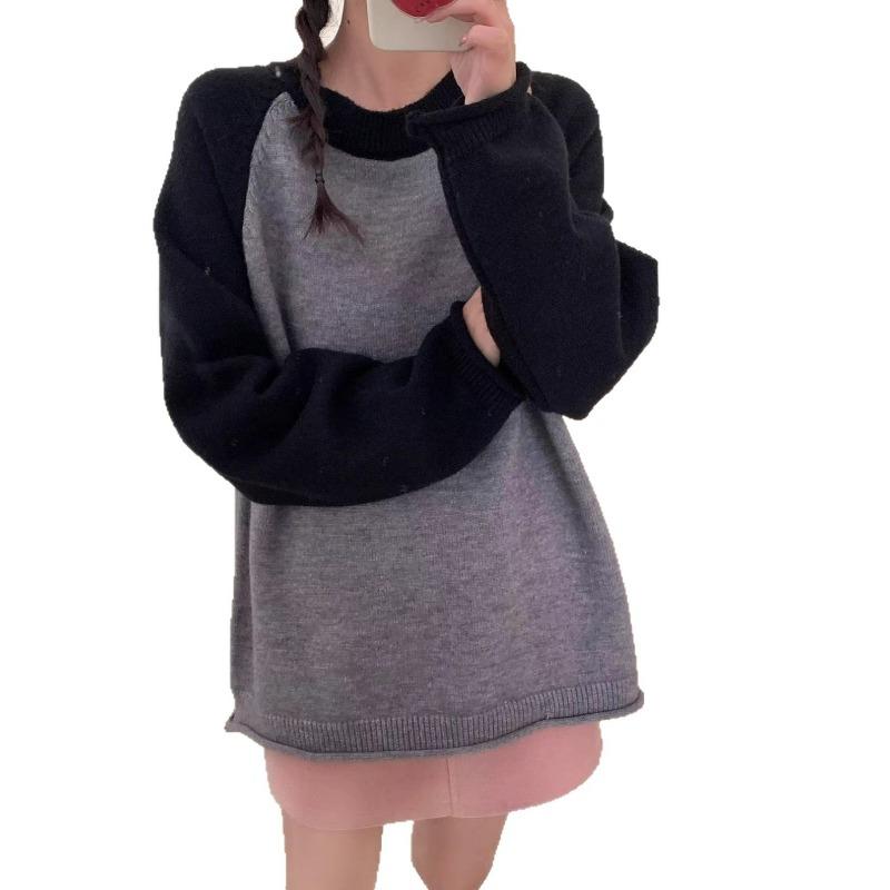 Autumn and winter new casual versatile raffle sleeves with sweater women's loose versatile color matching crew neck knitted sweater
