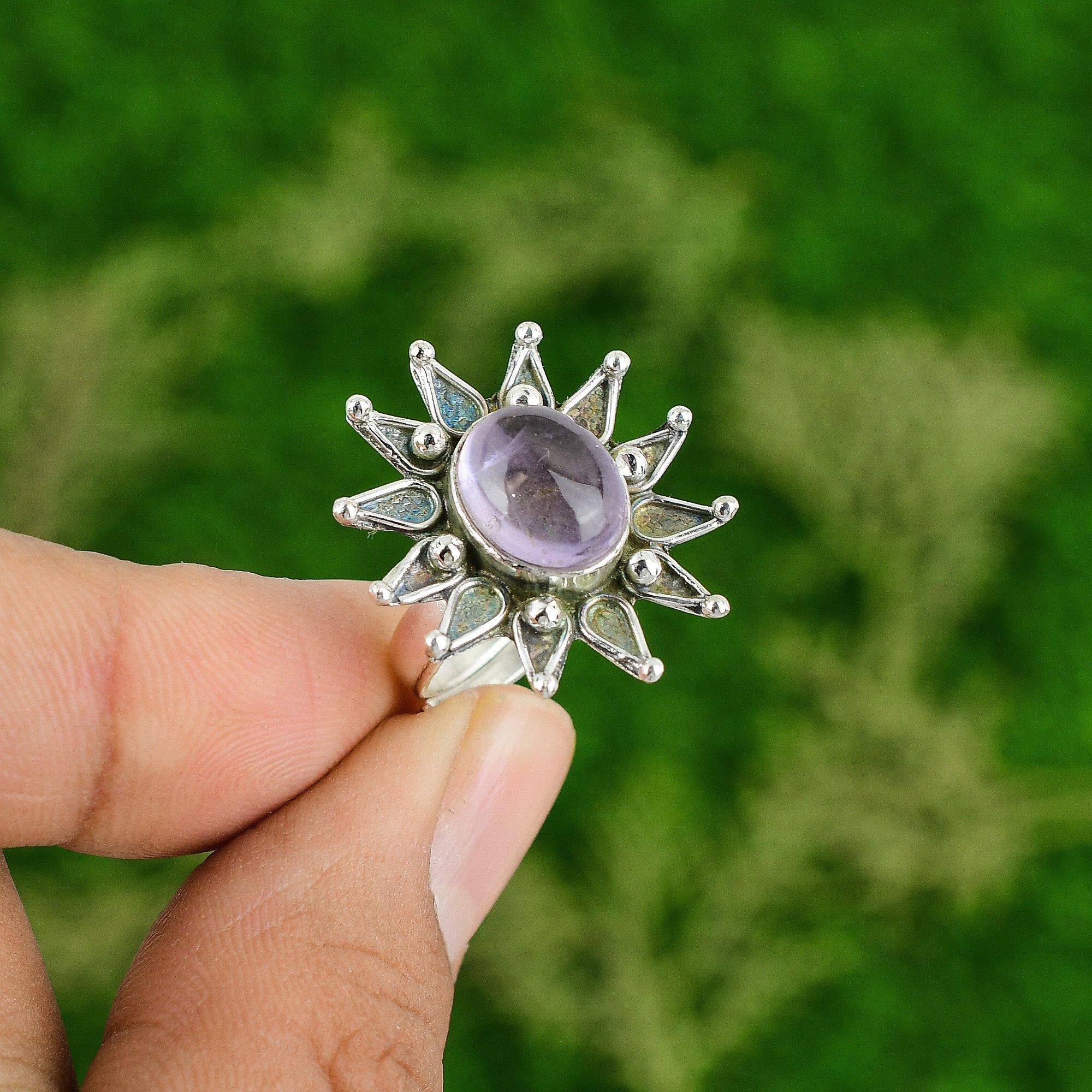 

925 Silver Natural African Amethyst Stackable Flower Adjustable Ring Adjustable