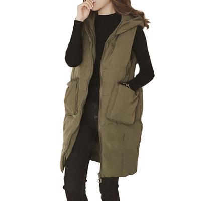 Women Autumn Winter Solid Color Long Waistcoat Hooded Sleeveless Pockets Zipper Placket Vest Coat Cotton-padded Outwear
