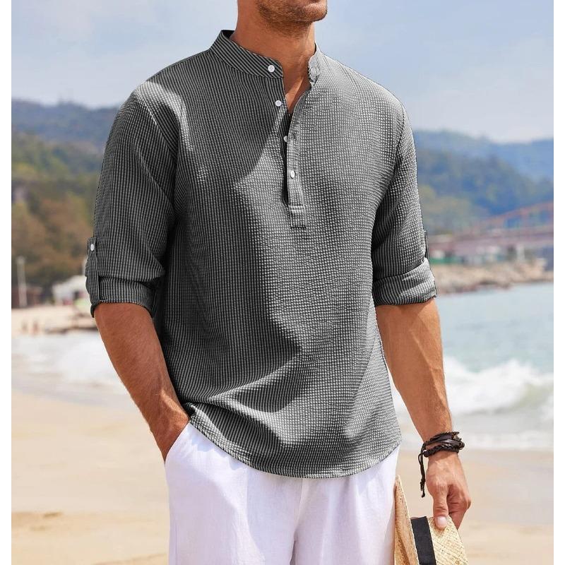 Men Light Blue White Striped Textured Henley Shirt Stand Collar Roll Up Sleeve Casual Top