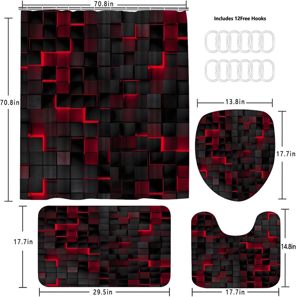Red Grid 3D Visual Geometry Art Shower Curtains Washable Fabric Polyester For Bathtub Art Bathroom Decor With Hooks Waterproof
