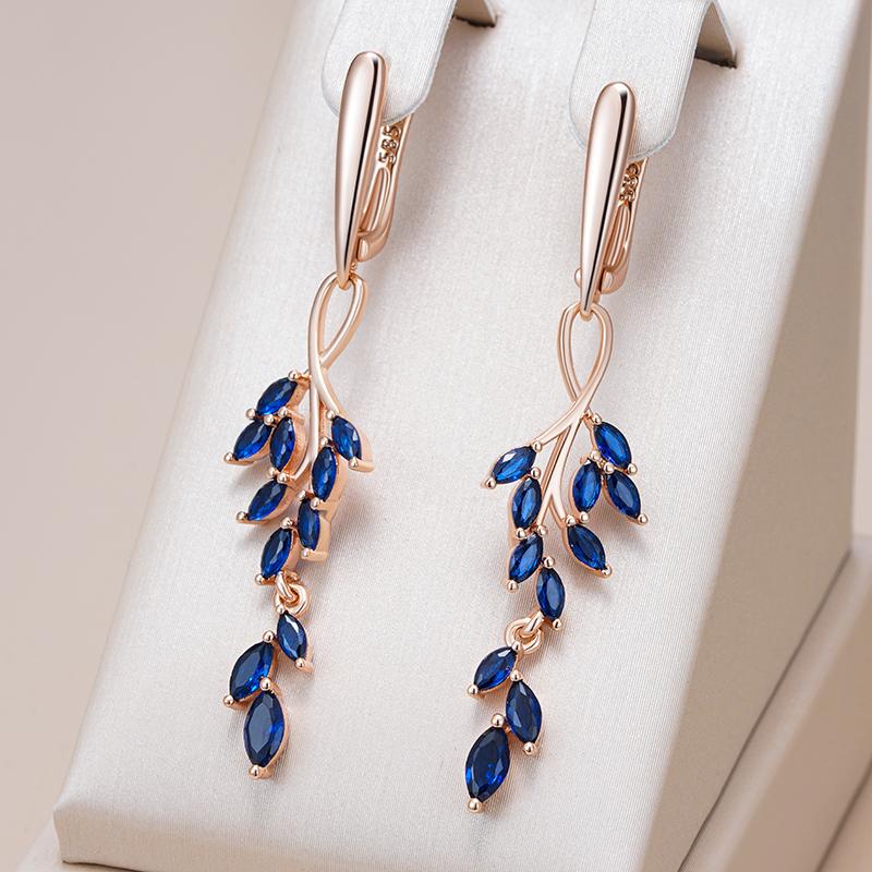 Full Blue Natural Zircon Leaf Shape Long Dangle Earrings For Women Fashion  Rose Gold Color High Quality Daily Jewelry