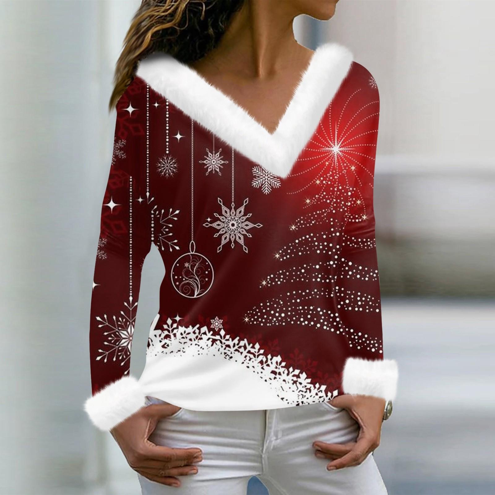 

Женская мода с длинным рукавом и рождественским принтом для вечеринки, плюшевый топ с v-образным вырезом XXL винный
