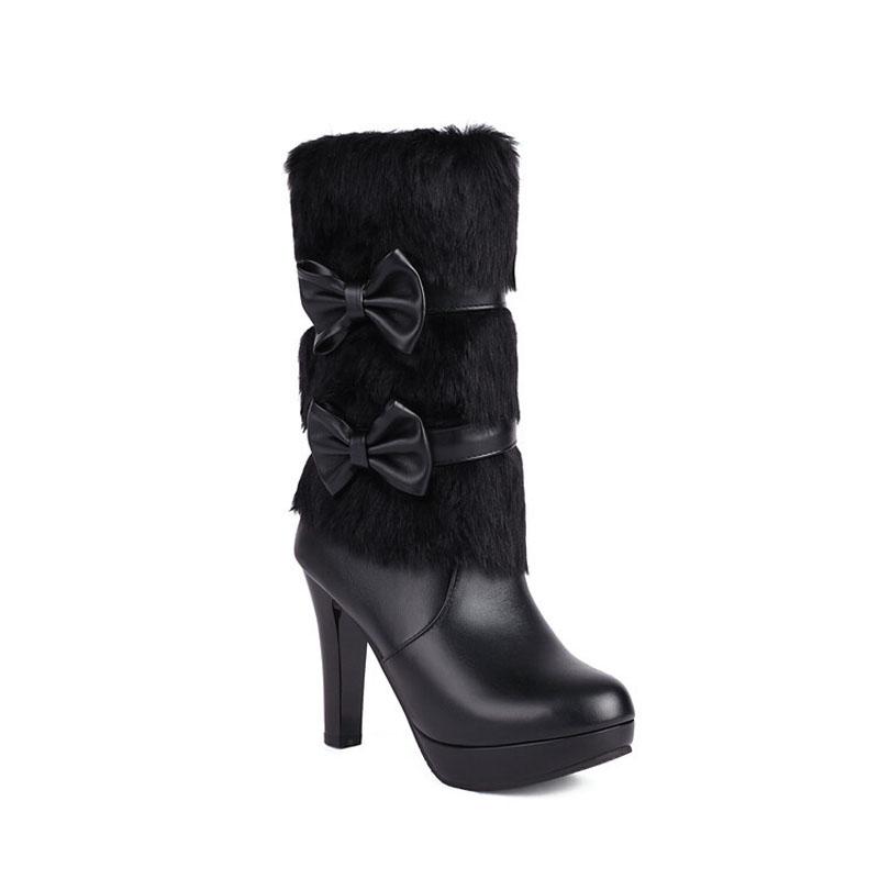 Fashion Black High Heels Mid-calf Boots for Women Faux Fur and Bow-knot Sweet White Pink Winter Women Shoes Platform Boots