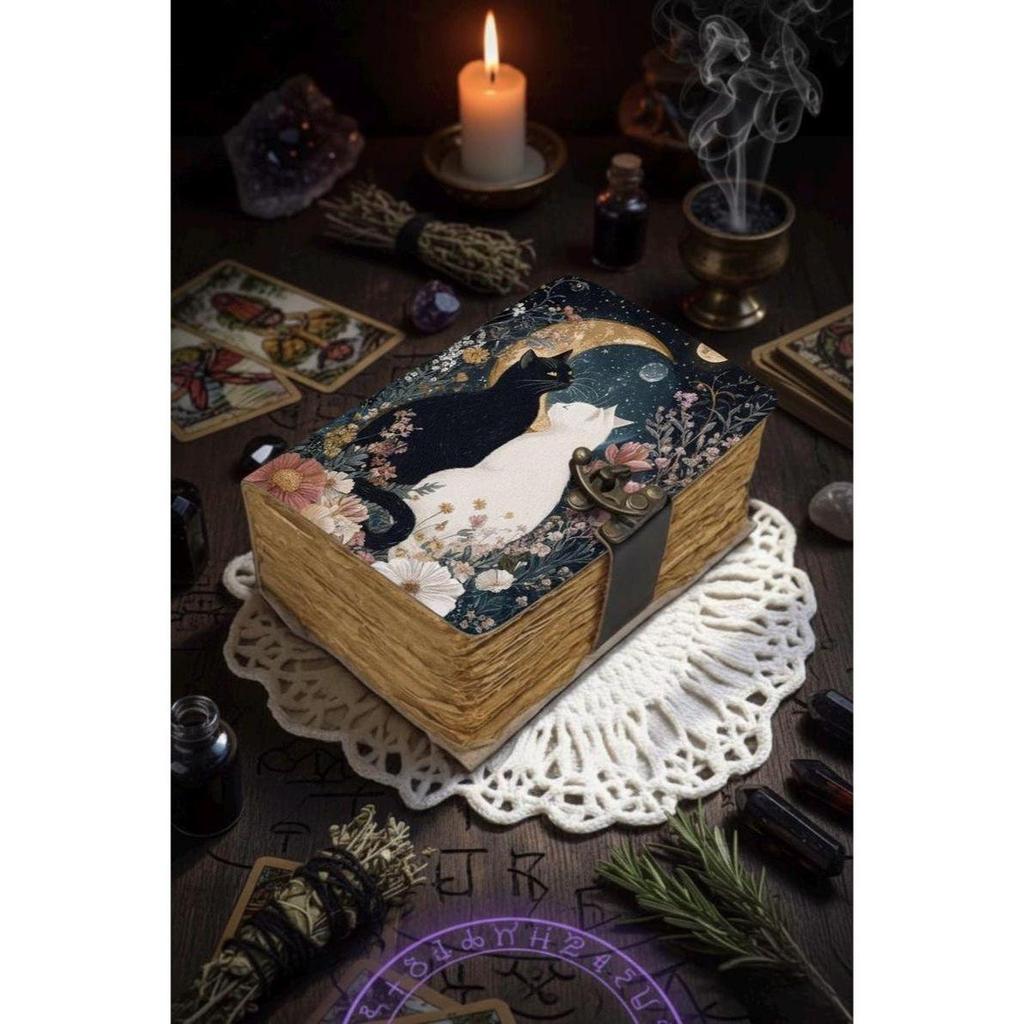 Grimoire Leather Journal, Print Cat Journal, Blank Spell Book Book of Shadows Leather Celestial Gifts For Him Her