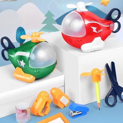 Cartoon Hubschrauber Spielzeug mit Bleistift Schere 6-in-1 Spitzer Radiergummi Hefter Lineal Kinder Schreibwaren Flugzeug