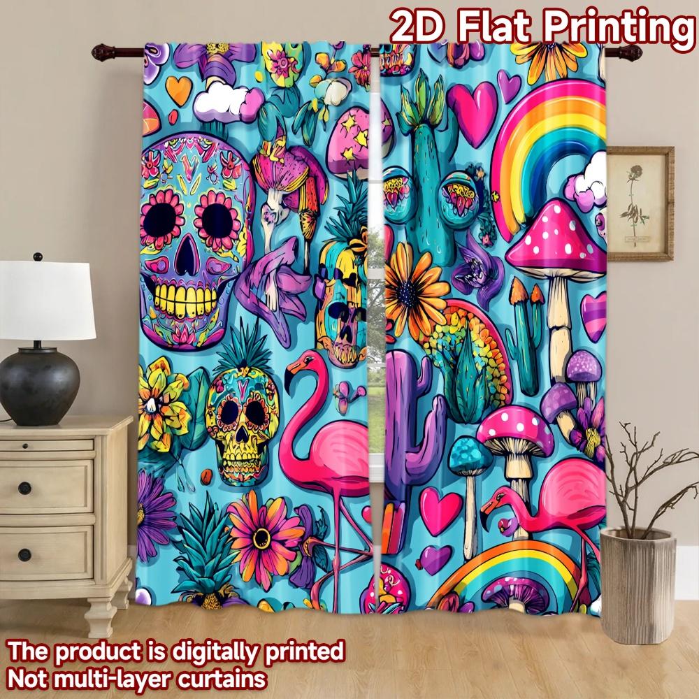 2D Flat Printing 2pcs Curtain Day of the Dead Skulls Flamingos Digital Printed Polyester Drapes Festive Curtains Perfect for