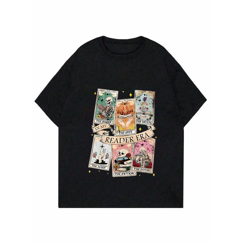 Women Loose T Shirt Black Tarot Cards Reader Era Print Casual Everyday Wear