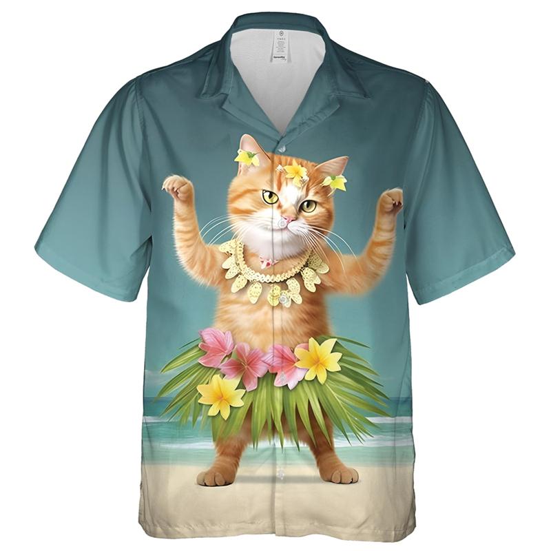 Camisas de Hombre con Estampado 3D de Gato Divertido Animal Ropa Hawaiana de Moda Camisa Manga Corta Blusas Casuales Abotonadura Sencilla Tops de Hombre con Gatos
