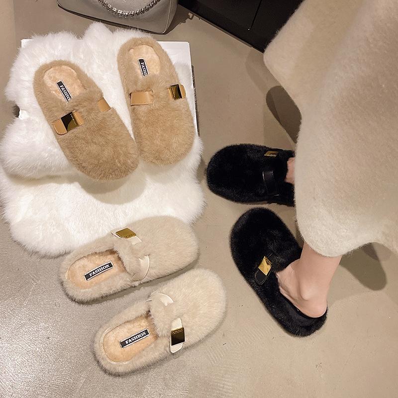 Plüsch Plüschtasche Kopf Halbschuhe Damen Herbst- und Winterbekleidung 2025 neue faule Doudou-Schuhe ohne Absatz Baumwollmopp