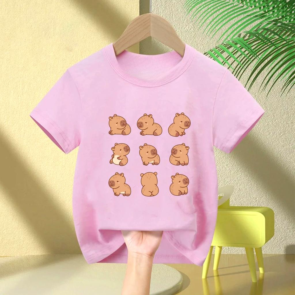Cute Capybara Loves Bubble Tea Print Kids TShirt Summer Childrens Cartoon Shortsleeved Casual Tops Boys and Girls Clothing