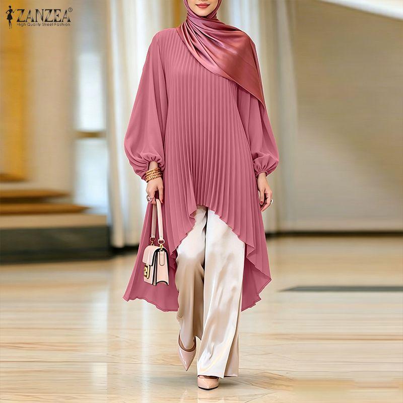 ZANZEA Women Casual Round Neck Long Sleeve Loose Irregular Pleated Blouse S