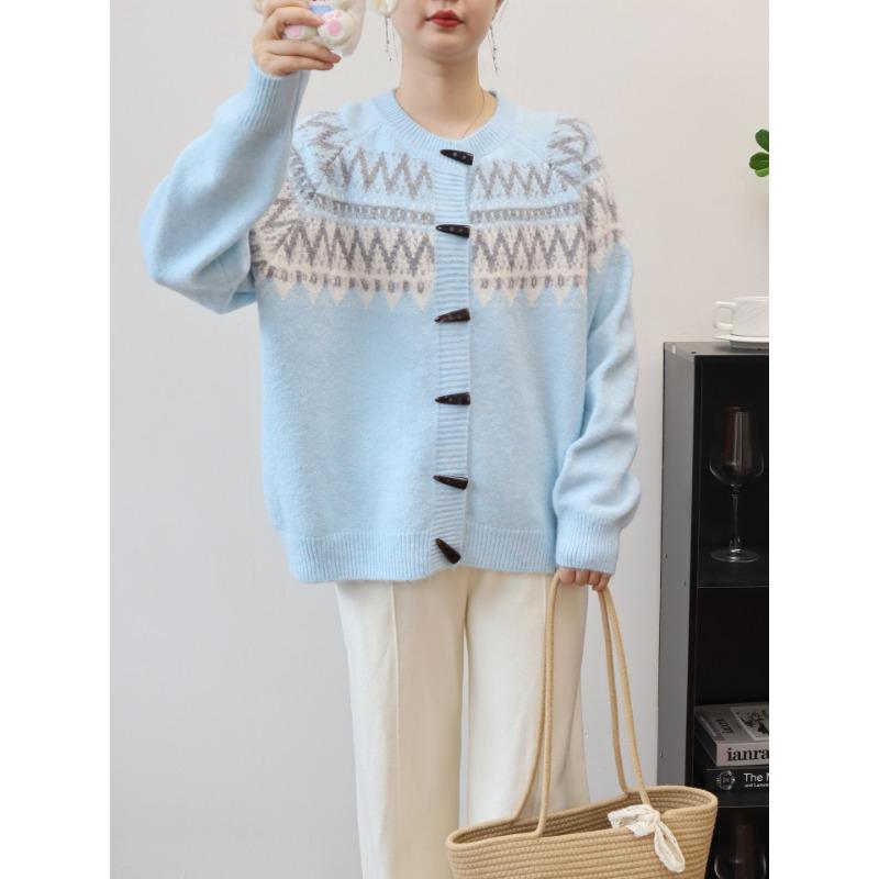 

Vintage Fair Island jacquard knitted cardigan women s autumn and winter new design sense loose horn button sweater jacket one size fits all синий