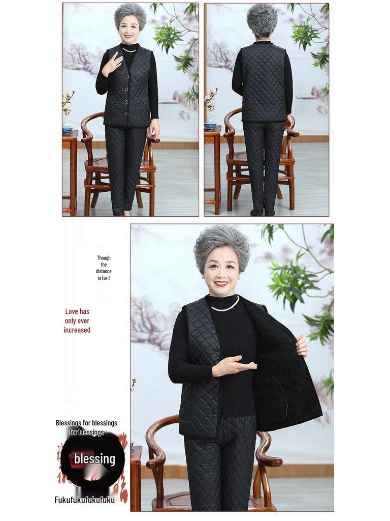 Warm Winter Three-Piece Set for Elderly Women: Fleece-Lined Cotton Coat and Pants