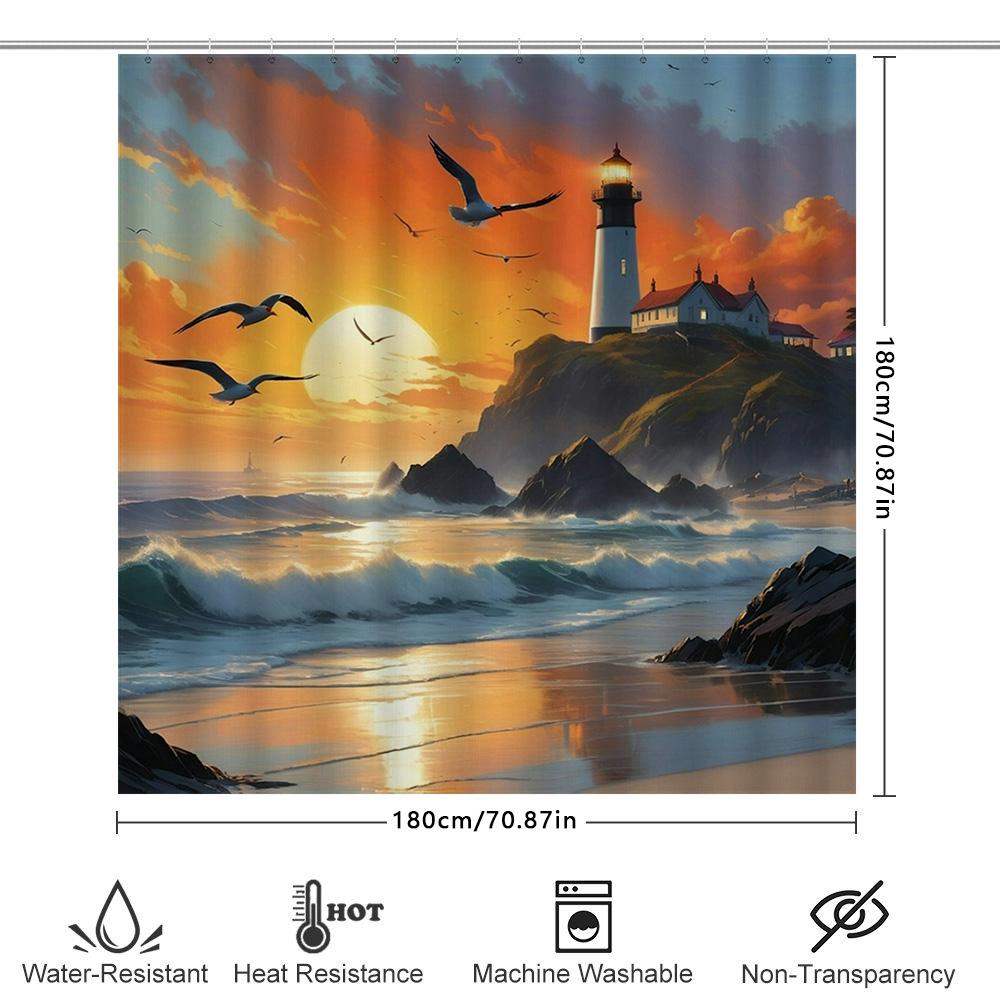 Sonnenuntergang Ozean Leuchtturm Möwe 3D Gedruckter Duschvorhang Wasserdichte Badezimmerdekoration Hausdekoration (180X240Cm)
