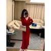 New Christmas Wear Red Single-breasted Dress Women's Autumn and Winter Retro Coat with Natal Year Skirt