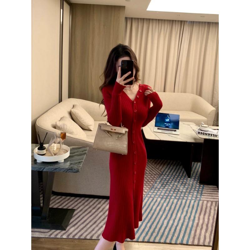 New Christmas Wear Red Single-breasted Dress Women's Autumn and Winter Retro Coat with Natal Year Skirt