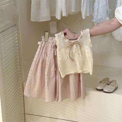 Sommerdesign für Mädchen Vintage Anzug Mittleres Kind Kurz Ärmellose Weste + Einfarbige Lockere Rockhose Zweiteiliges Set