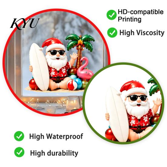 Creative Party Window Decor Tropical Christmas Static Stickers, Santa Claus Flamingo Palm Tree Surfing Board Customizable Cut to Size Decals