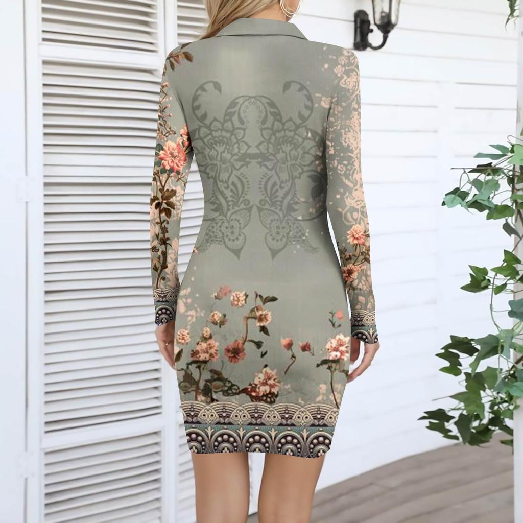 Kvinners V-hals Casual Trykk Langermet Figurnær Kjole