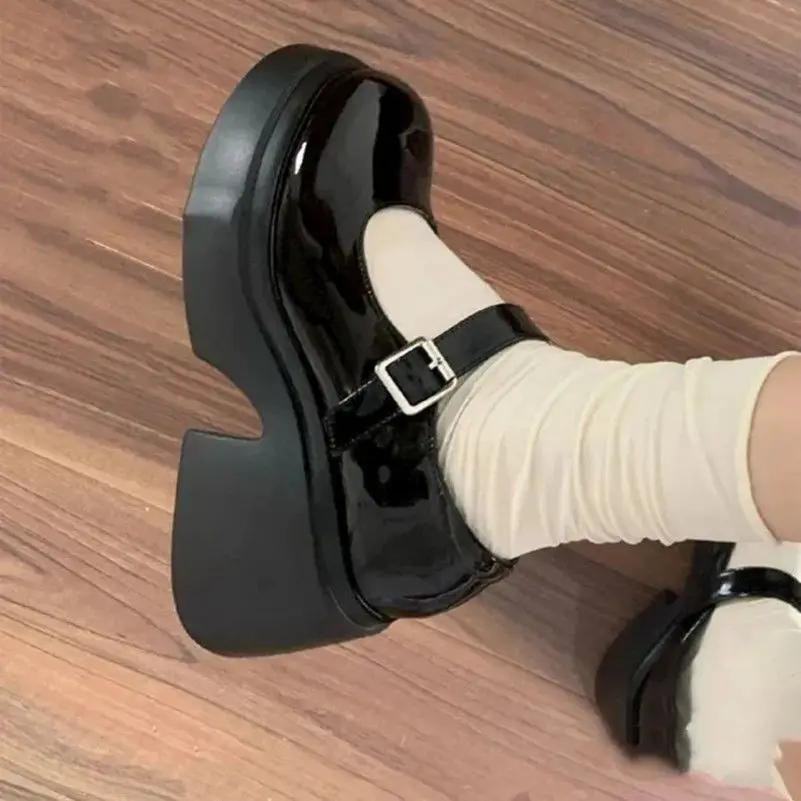 Little Mary Jane Thick Soled College Style Black Shiny Small Leather Shoes Versatile Shallow Mouth Single Shoes