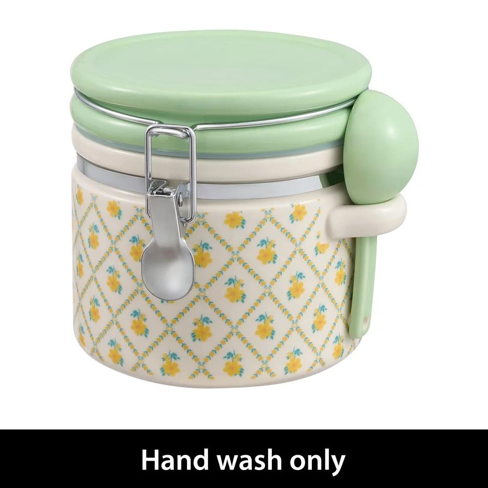 Stoneware Medium Canister with Lid and Ceramic Spoon Floral Decor Kitchen Storage Airtight Food Container Kitchen Organization