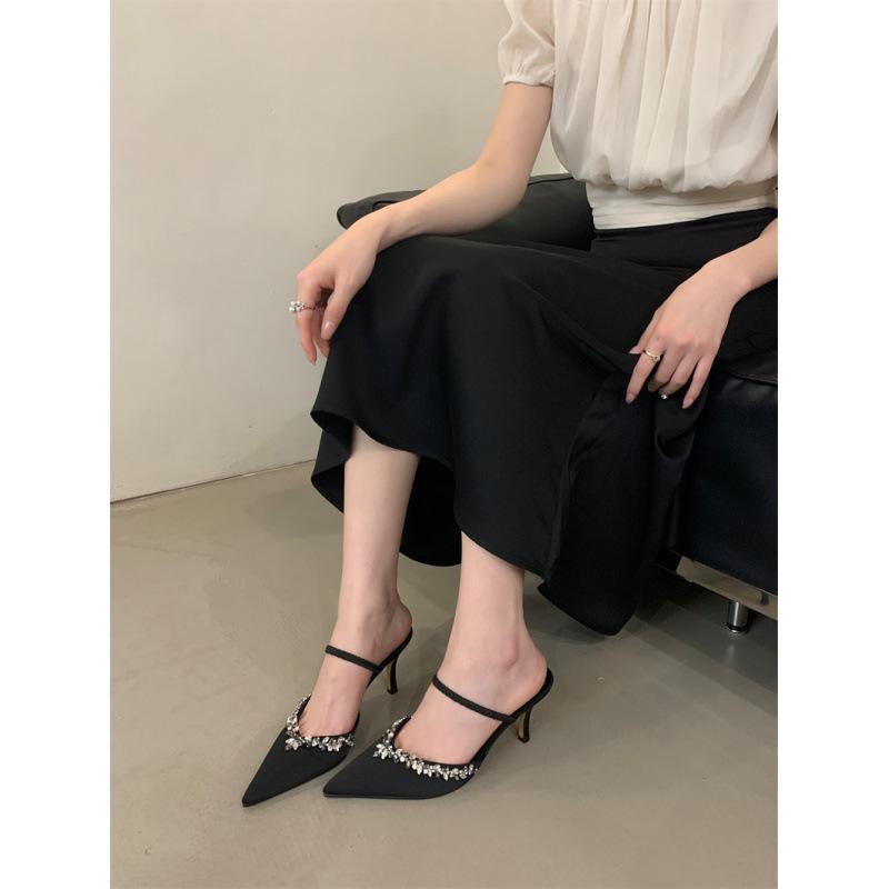 

New pointed rhinestone high heel stiletto burgundy word strap sandals half drag cool slippers outer wear women 39 бордовый