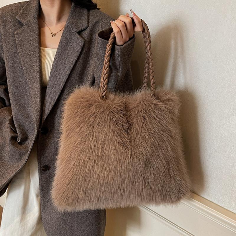 Women Fashion Plush Shoulder Bag Solid Color Woven Strap Large Capacity Soft Material Lightweight Daily Commute Handbag KTB