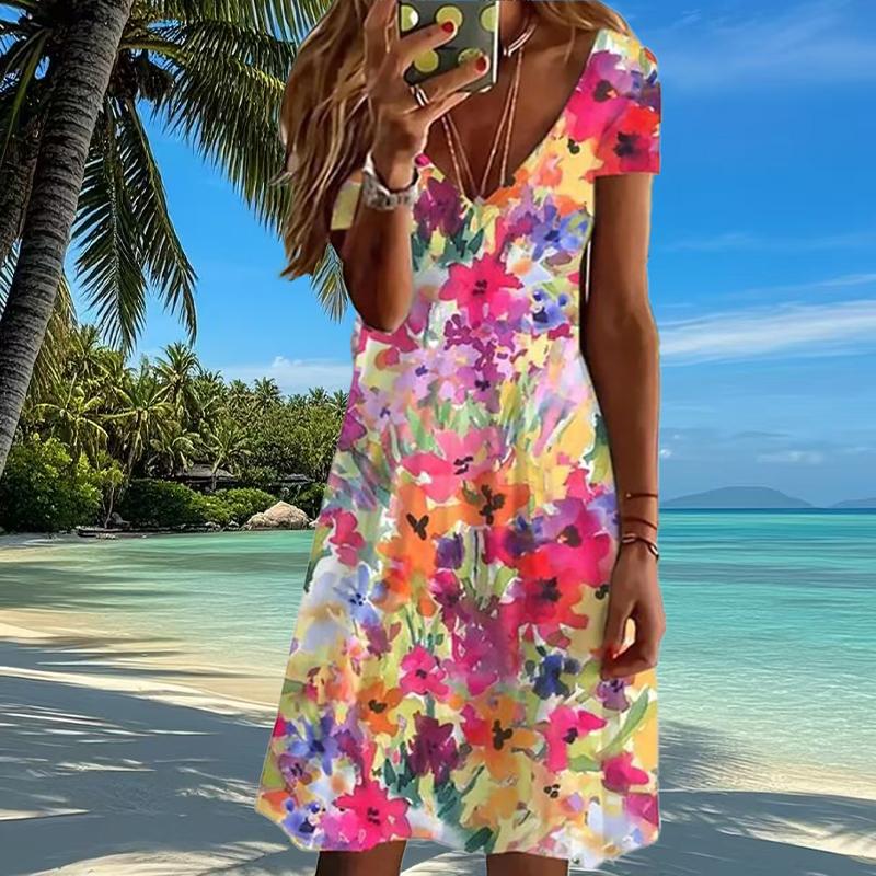 Sommermote kvinners V-hals kortermet blomstertrykt kjole Sex kort skjørtkjoler