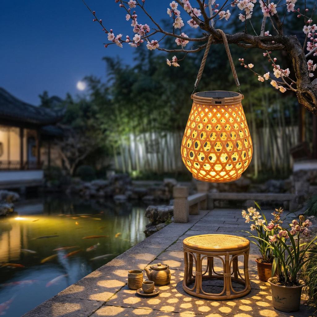 Solar Powered Chinese, Imitation Rattan Hanging Lamps, Tree-mounted Decorative Garden Lights, Balcony