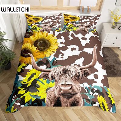 Juego de Cama Vaca Highland Poliéster Toro Ganado Flores Funda Nórdica Animal Salvaje Occidental Cubierta de Edredón Vaca Granja Cubre Cama