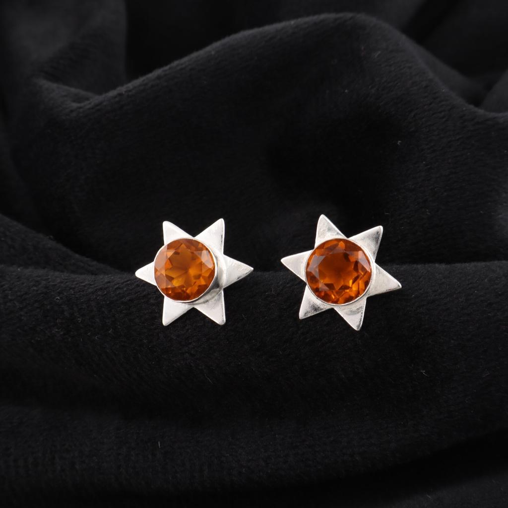 Runder Citrin Edelstein 925 Sterlingsilber Schmuck Handgefertigte Ohrstecker 0,44" EE-175-9