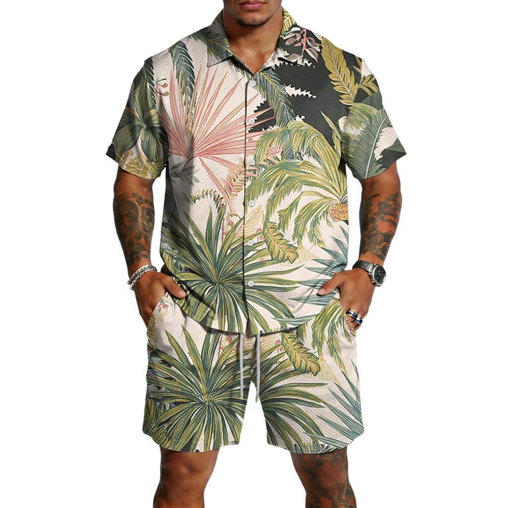 Men's Casual Printed Top and Drawstring Shorts Set Lightweight Breathable Set for Summer