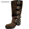 Fashion Comemore Chunky Heel Buckle Vintage Fashion Motorcycle Knee High Mid Calf Boots Shoes Leather New Platform Biker Boots for Women