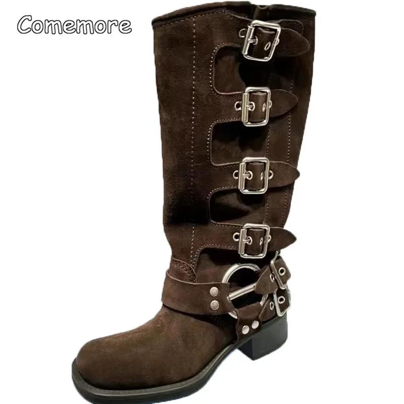 Fashion Comemore Chunky Heel Buckle Vintage Fashion Motorcycle Knee High Mid Calf Boots Shoes Leather New Platform Biker Boots for Women