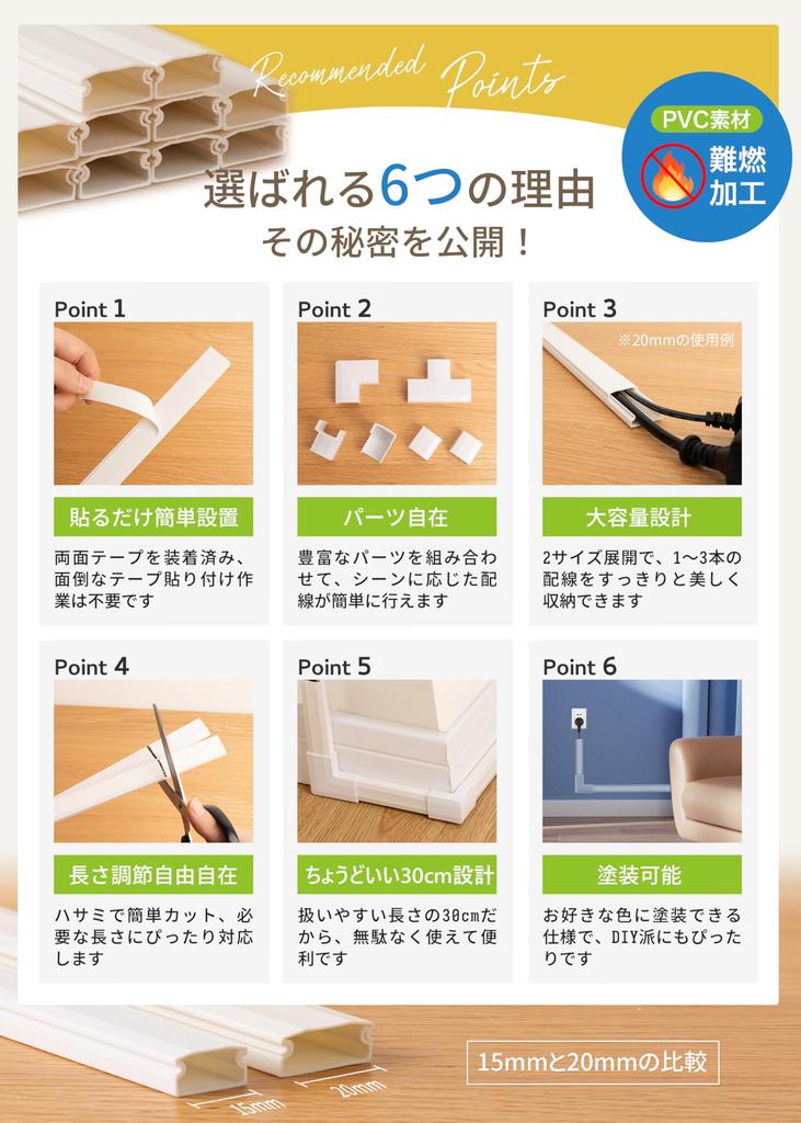 Wiring Cover, Cord Hiding Cable Cover [Abundant Parts, Pre-Applied Tape, and Various Sizes Available] Wiring Mall, Cable Hiding, Cord Cover, Cable