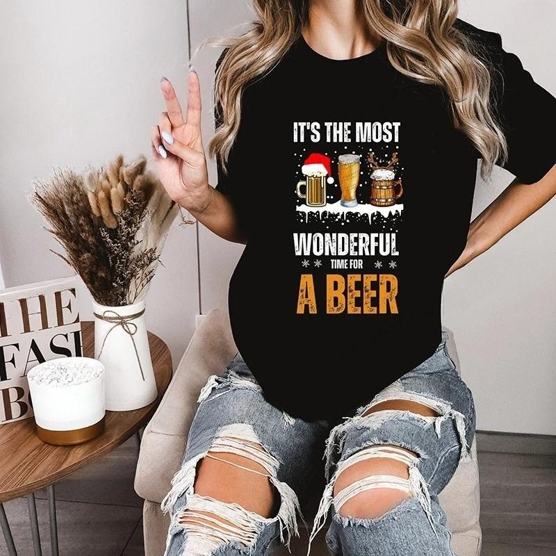 FeUnisex Street Wear Tshirt Christmas Santa Beer Print Tops T Shirt Reindeer Drinking Graphic Tees Shirt for Women Tshirt Clothes