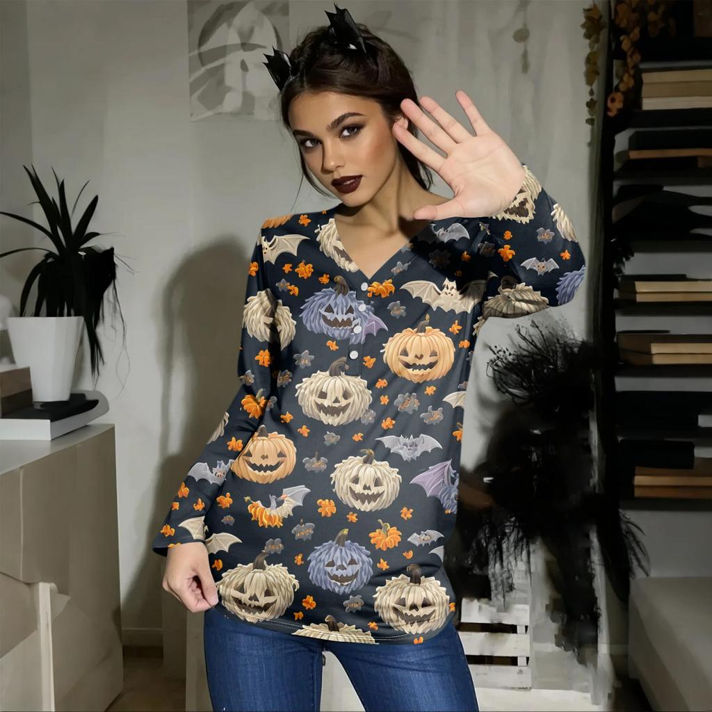 Women's Casual Fashion Sexy Comfort Halloween Printed V-Neck Button Long Sleeve