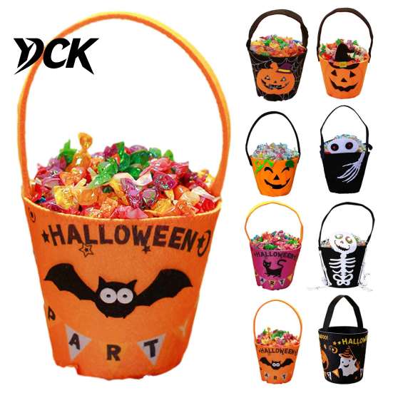 Lightweight Carrying Bag Halloween Trick or Treat Bucket for Kids, Pumpkin Face Ghost Bat Cat Candy Snack Basket, Holder with Handle Party Favors
